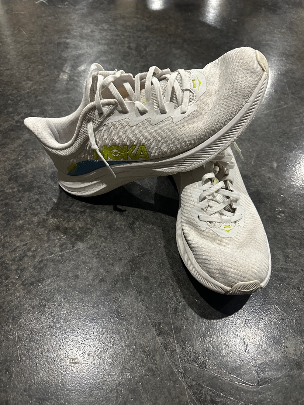 Hoka White Running Shoes with Lime and Blue Accents